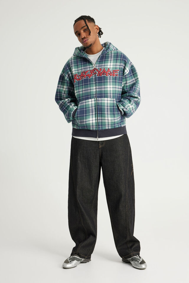 Half Half Zip Thru Hoodie, HH GREEN CHECK/GRAFFITI