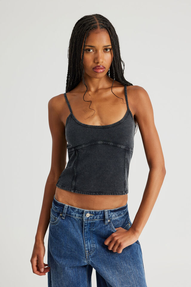 Panelled Scoop Neck Tank, WASHED BLACK