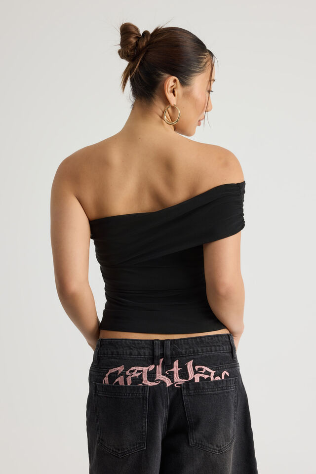 Mesh One Shoulder Top, BLACK