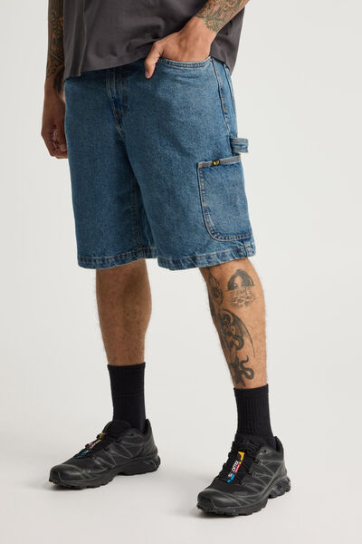 Half Half Painter Baggy Denim Short, CLASSIC INDIGO