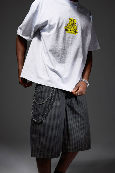 Half Half Pleated Woven Short, BLACK GRID CHECK