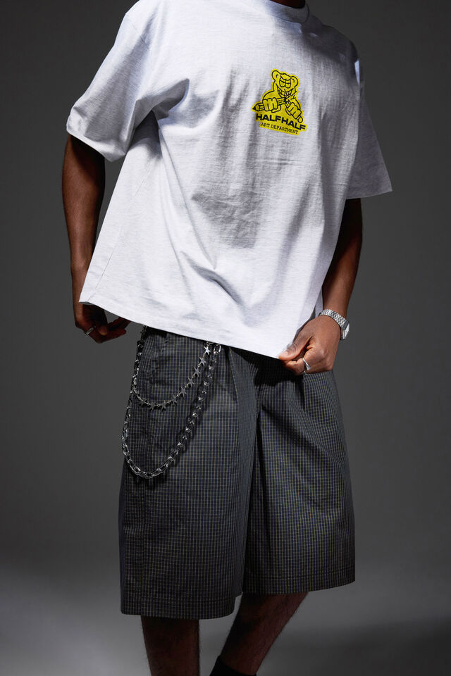 Half Half Pleated Woven Short, BLACK GRID CHECK