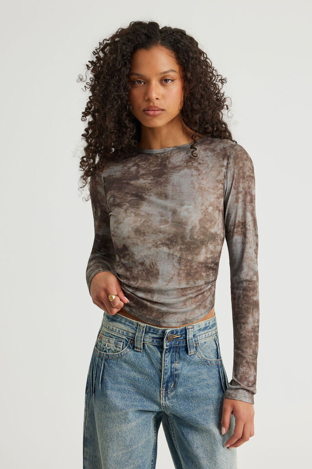 Fitted Long Sleeve Top, GREY BROWN TIE DYE