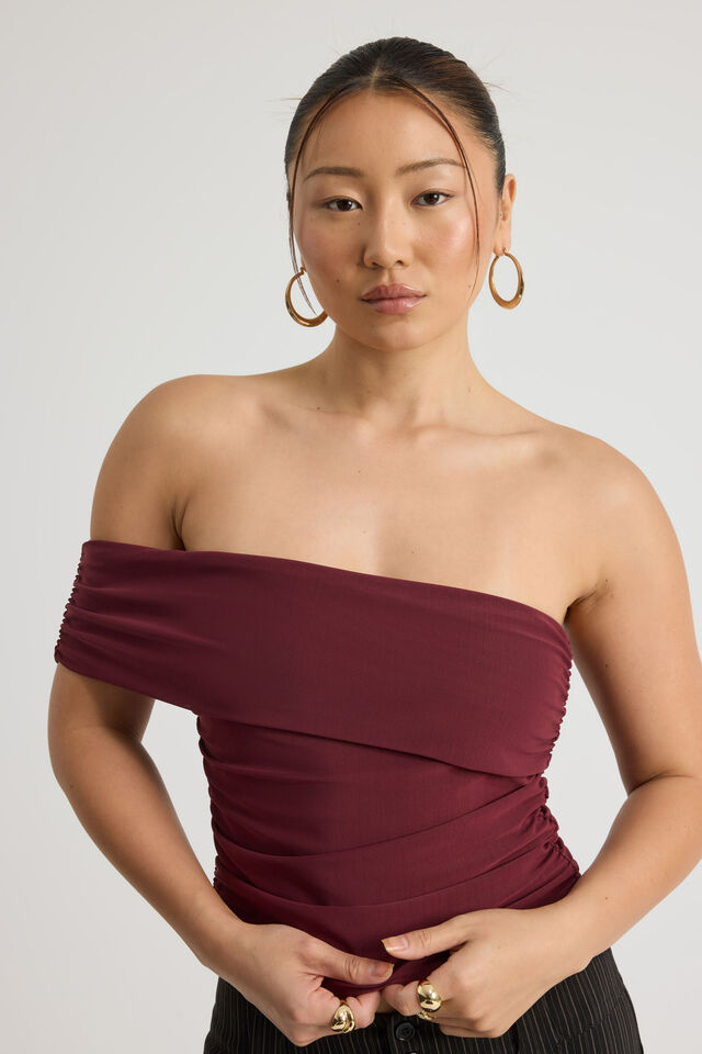 Mesh One Shoulder Top, BORDEAUX