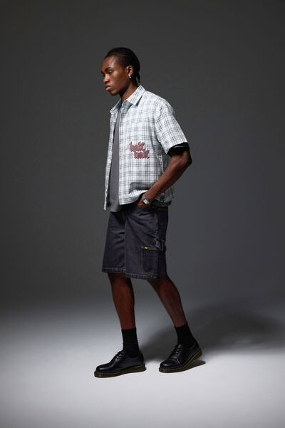 Half Half Painter Baggy Denim Short, BLACK STONE