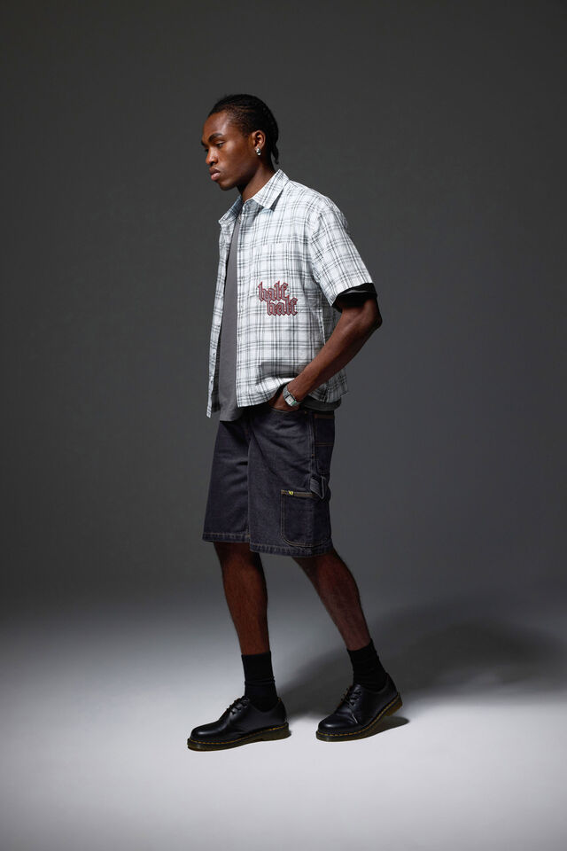 Half Half Painter Baggy Denim Short, BLACK STONE