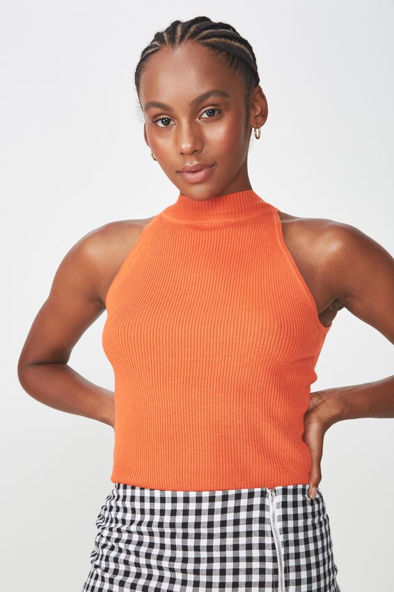 Sleeveless Funnel Rib Top, RED ORANGE