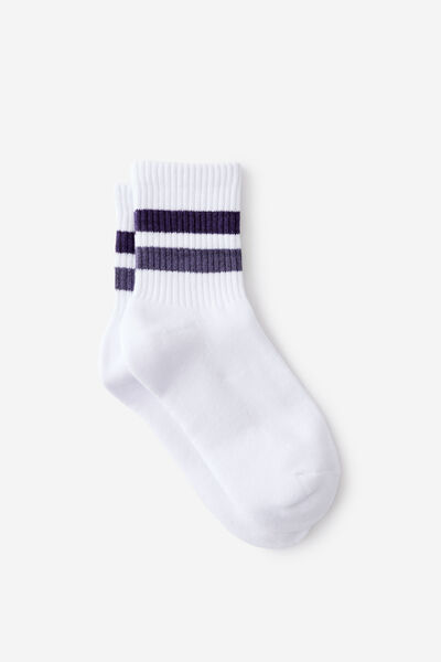 Girls Fashion Stripe Sock, WHITE W PURPLE STRIPES