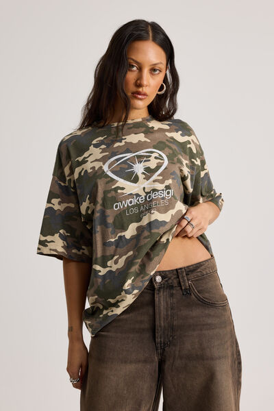 Oversized Graphic Tee, WASHED TRAD CAMO/AWAKE