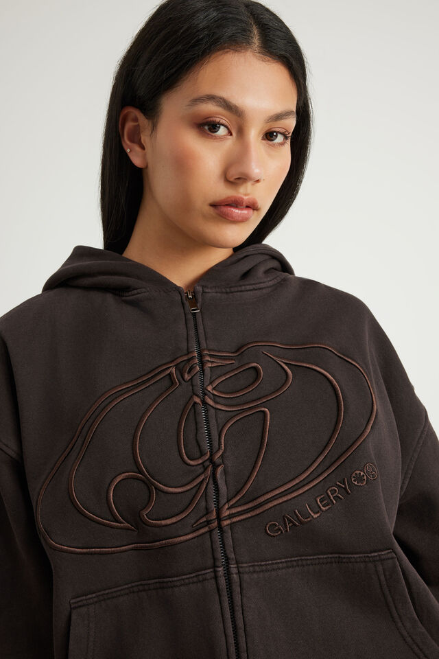 Open Gallery Boxy Zip Through Hoodie, OG WASHED CHOC NOIR/GALLERY SWIRL