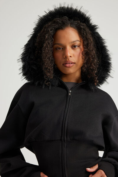 Notion Corset Zip Through Hoodie, NTN BLACK/FAUX FUR