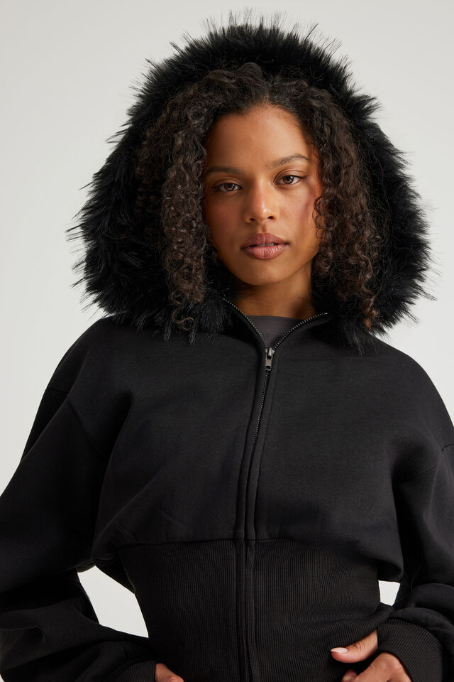 Notion Corset Zip Through Hoodie, NTN BLACK/FAUX FUR
