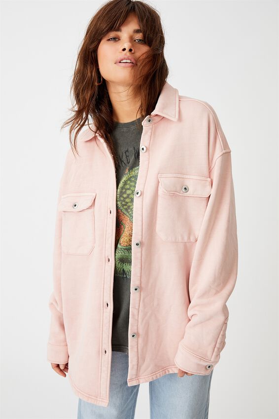 Fleece Shacket, WASHED CORAL PINK