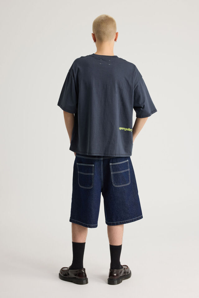 Half Half Painter Baggy Denim Short, RAW INDIGO/WHITE STITCH