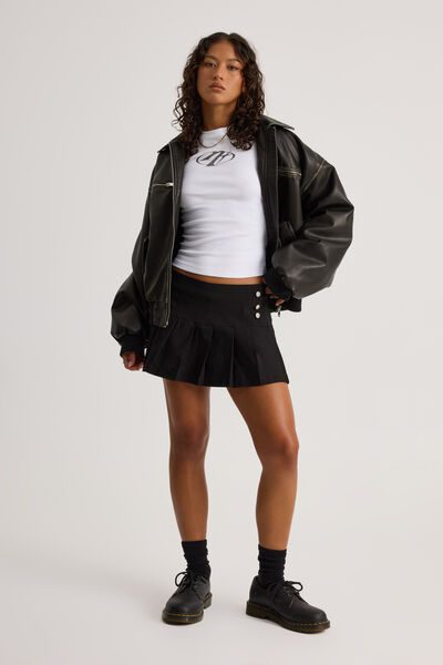 Button Pleat Skort, BLACK