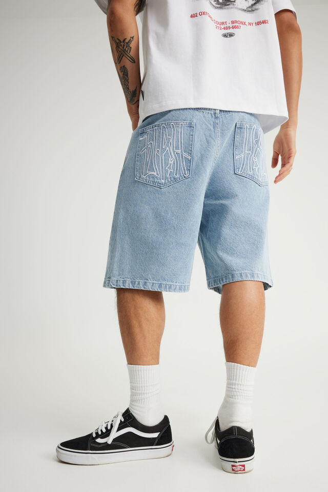 Half Half Baggy Denim Short, CLEAN BLEACH