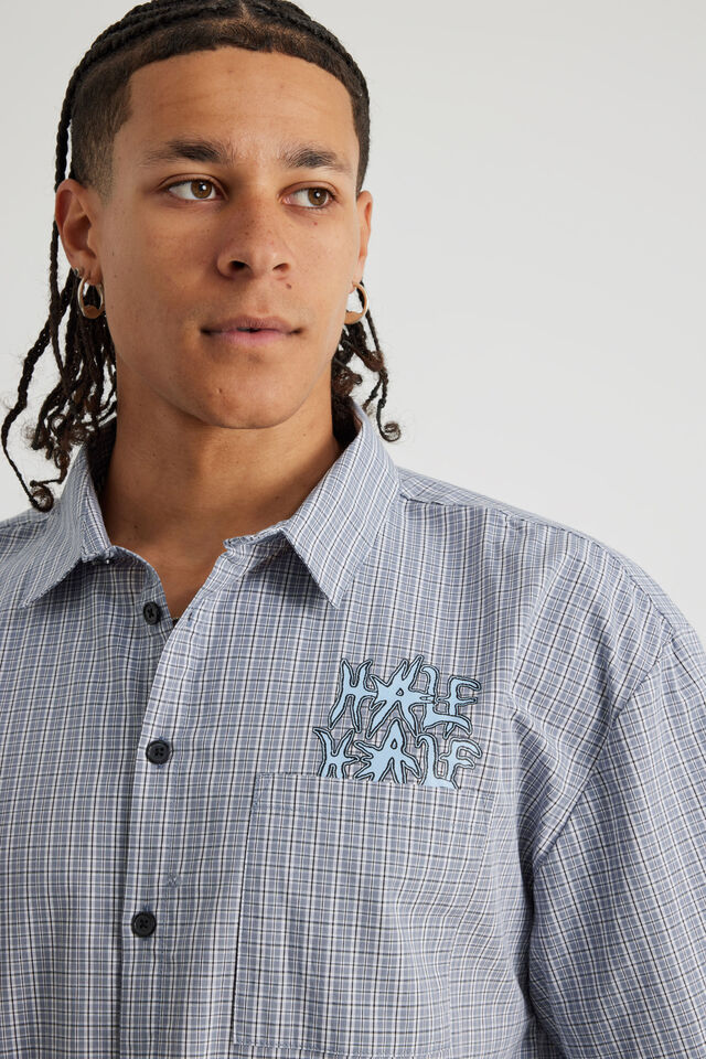 Half Half Boxy Cropped Short Sleeve Shirt, HH GREY CHECK MULTI LOGO ARTWORK