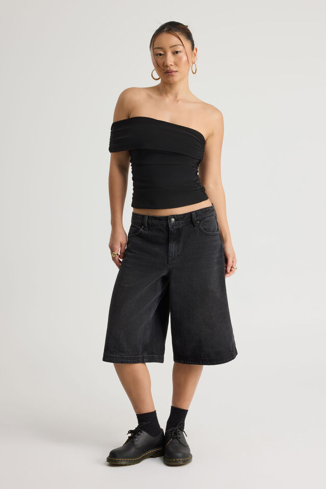 Mesh One Shoulder Top, BLACK