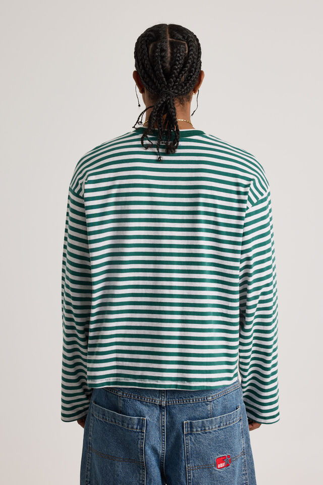Open Gallery Cropped Long Sleeve Tshirt, OG PINE STRIPE/WOODMARK STARS