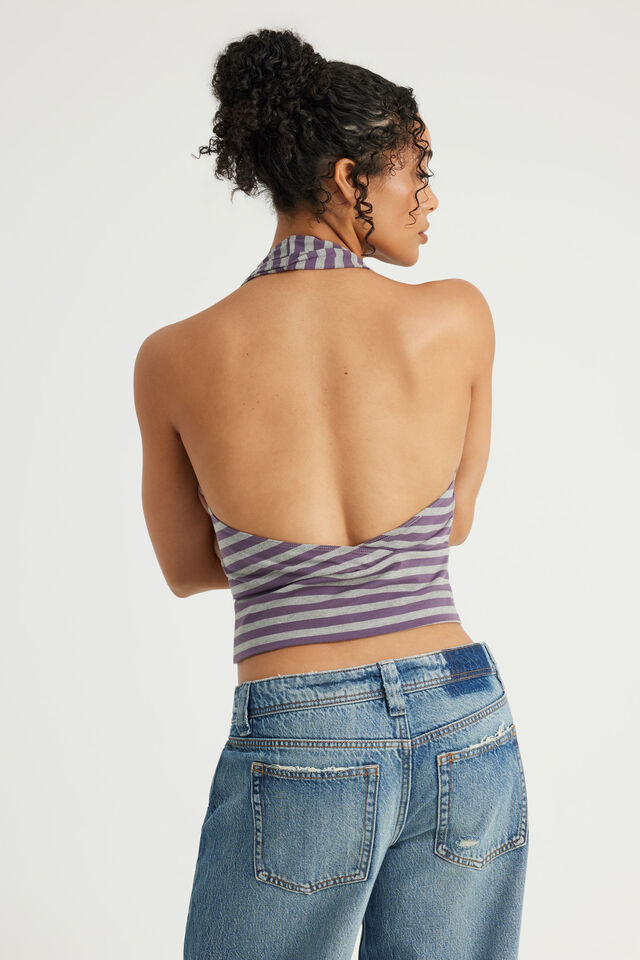 Open Back Deep V Halter, WINTER PLUM / DARK MARLE STRIPE