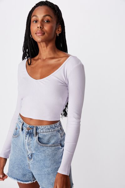 V Neck Scoop Back Ls, PURPLE HEATHER