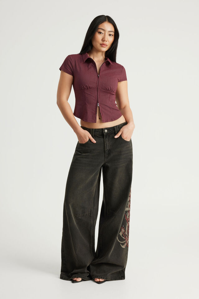 Short Sleeve Zip Through Shirt, BORDEAUX PINSTRIPE