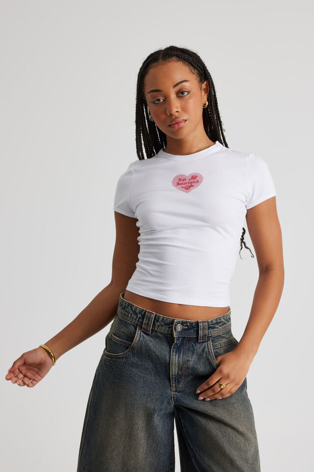 Fitted Baby Tee, WHITE/NOT INTERESTED