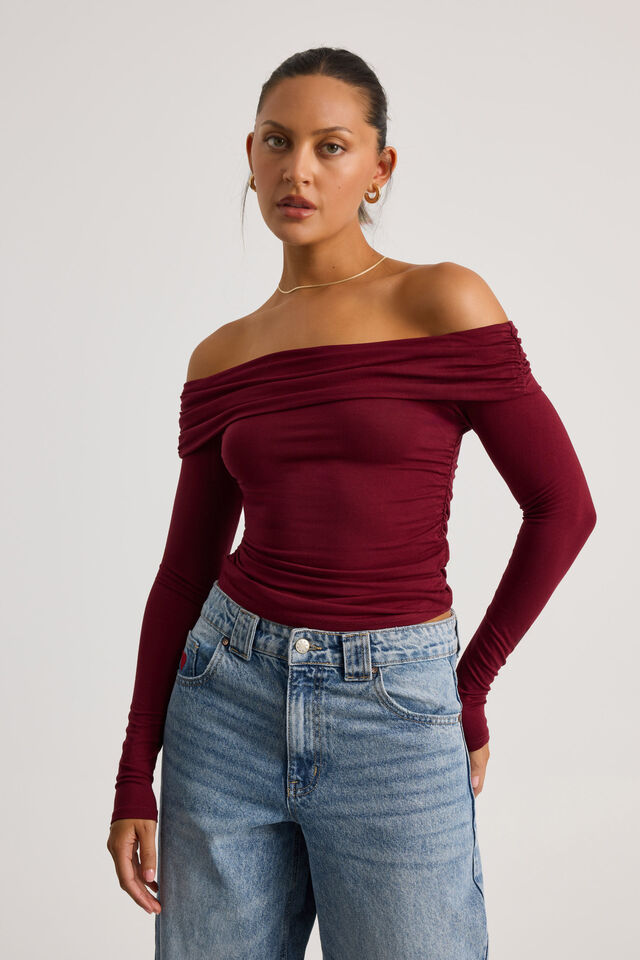 Shay Off Shoulder Long Sleeve Top, CHERRY LACQUER