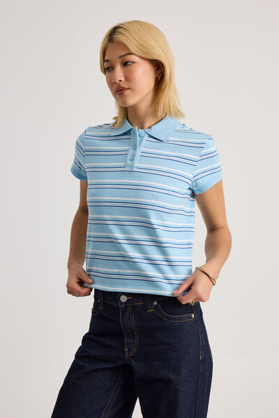 Short Sleeve Fitted Polo, ALBA STRIPE/AIRY BLUE