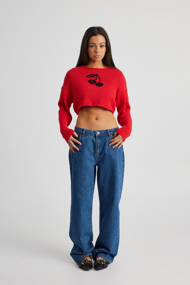 Open Knit Crop Jacquard Jumper, RED/BLACK CHERRY