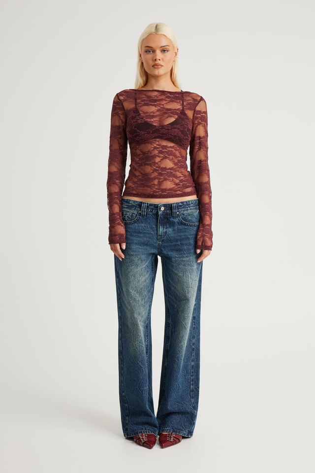 Fitted Long Sleeve Top, BORDEAUX LACE