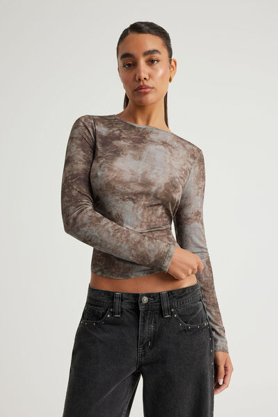 Fitted Long Sleeve Top, GREY BROWN TIE DYE