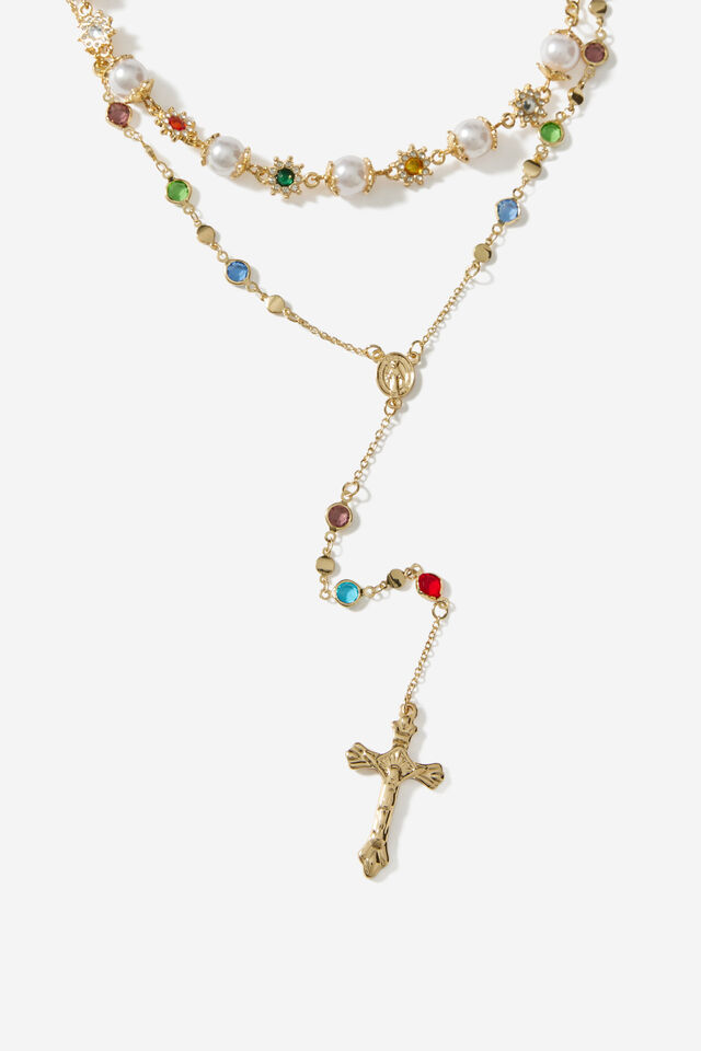 Stone Layered Cross Necklace, GOLD