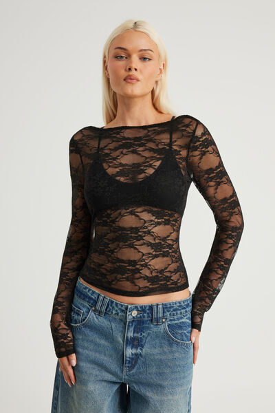 Fitted Long Sleeve Top, BLACK LACE