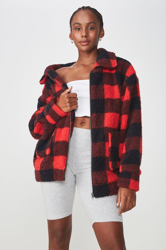 Teddy Zip Jacket, BLK/RED CHECK