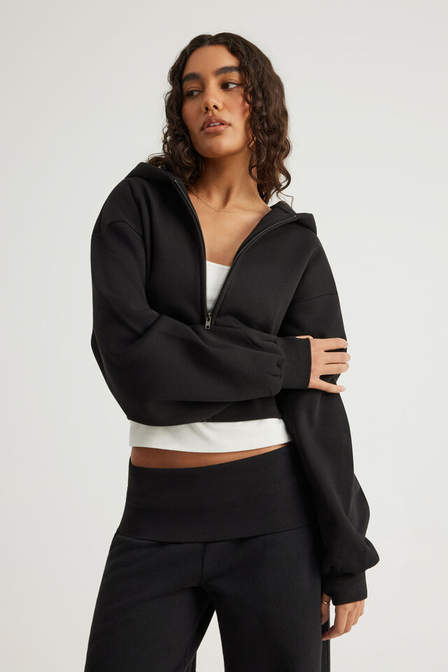 Authentics Shrunken Zip Through Hoodie, BLACK