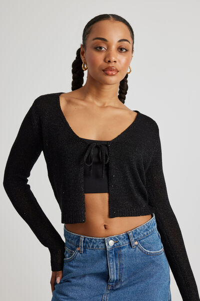 Metallic Tie Front Knit Cardigan, BLACK