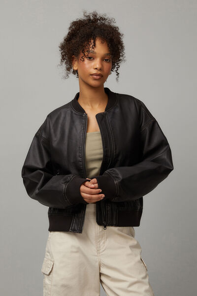 Cropped Pu Bomber Jacket, WASHED BROWN