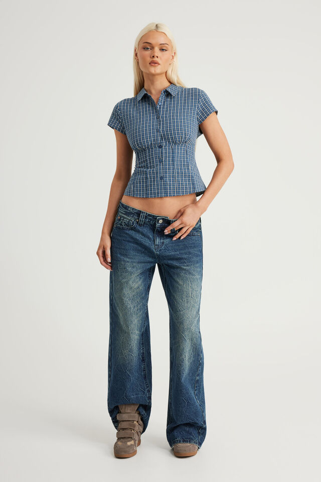 Short Sleeve Fitted Shirt, NAVY NEUTRAL CHECK