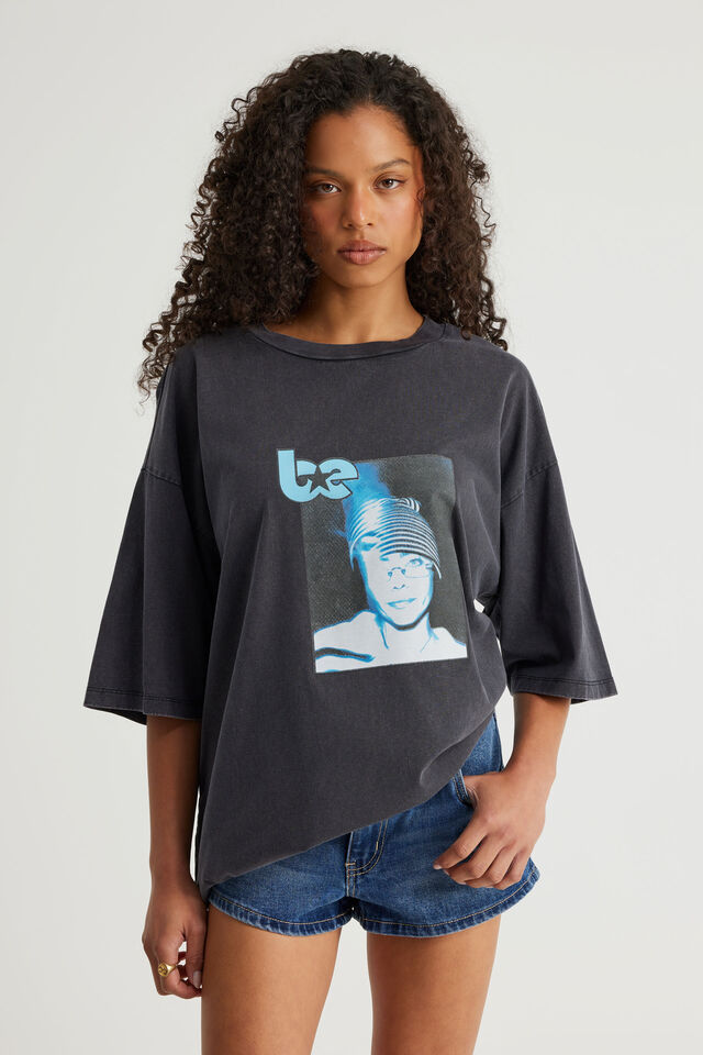 Box Fit Music Merch T Shirt, LCN BRA WASHED BLACK/BILLIE EILISH GLOW