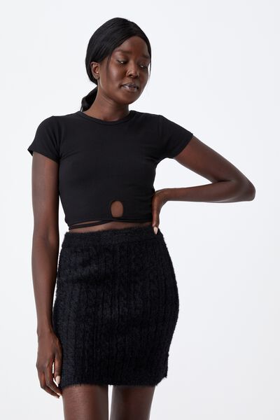 Fluffy Knit Cable Mini Skirt, BLACK