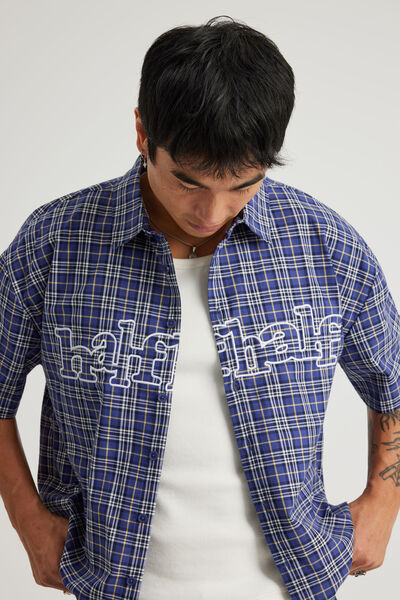 Half Half Boxy Cropped Short Sleeve Shirt, HH PURPLE CHECK W SELF APPLIQUE