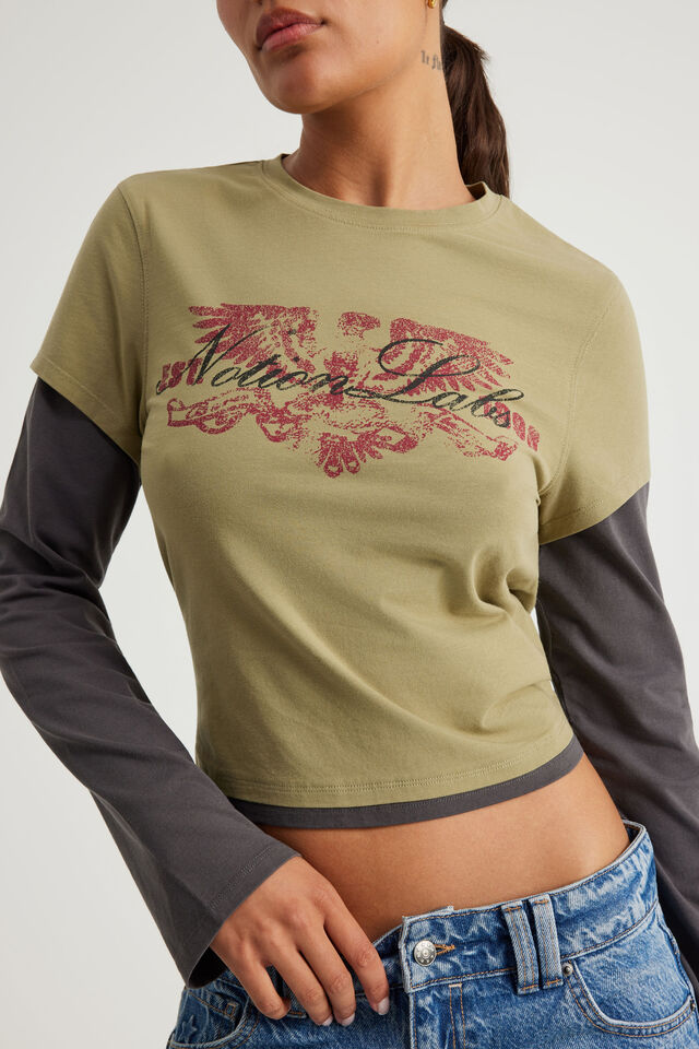 Layered Long Sleeve Top, WASHED OLIVE STONE/EAGLE