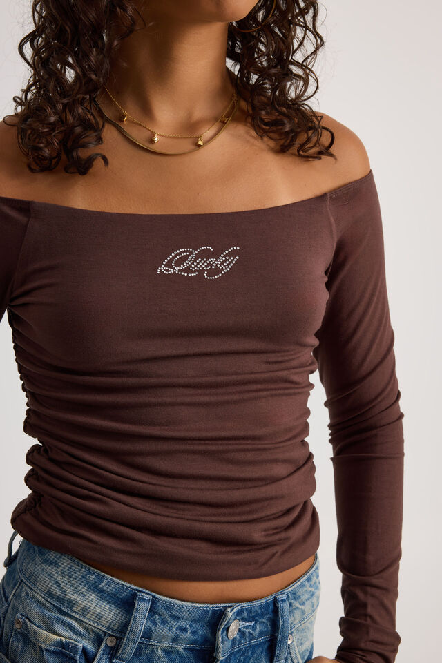 Off Shoulder Graphic Long Sleeve Top, ESPRESSO/LUCKY