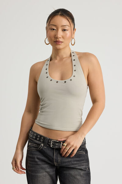 Scoop Neck Halter Top, SUNBLEACHED KHAKI