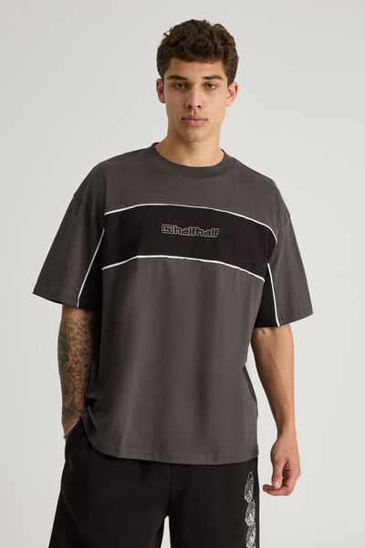 Half Half Box Fit Panelled Graphic Tshirt, HH SLATE/BLACK HALF HALF ELITE