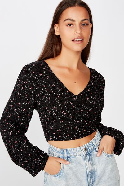 Button Front Top, BLACK ABSTRACT FLORAL