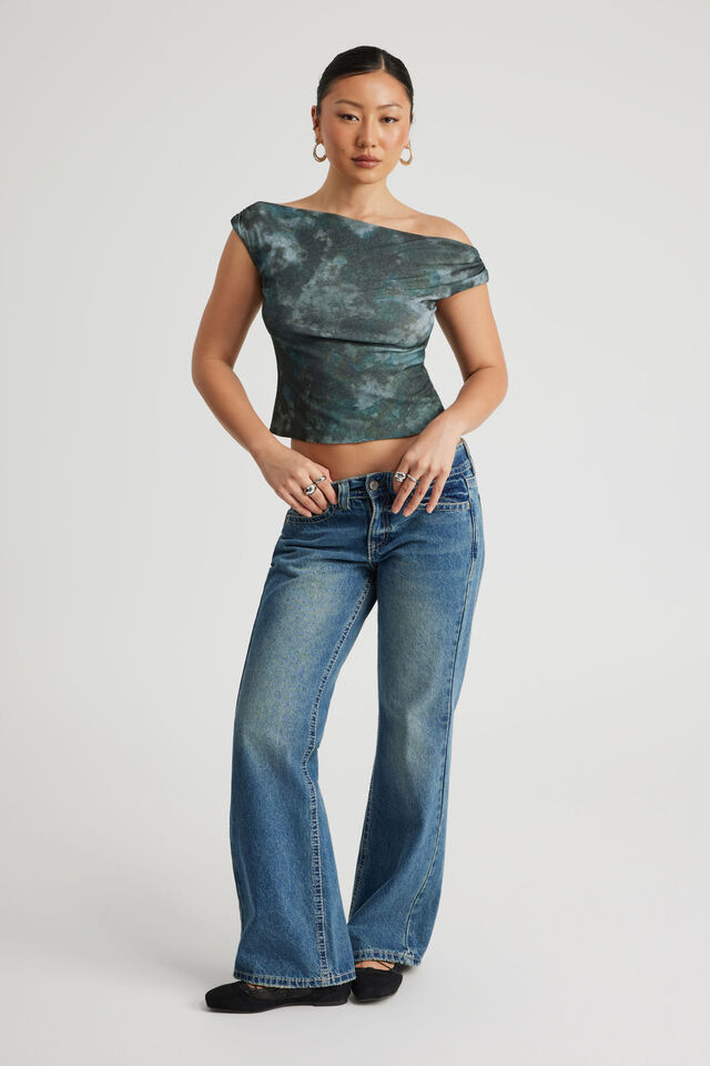 Textured Off Shoulder Top, GREY GREEN TIE DYE