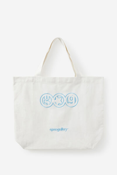Open Gallery Large Tote Bag, OG WHITE W BLUE LOGO