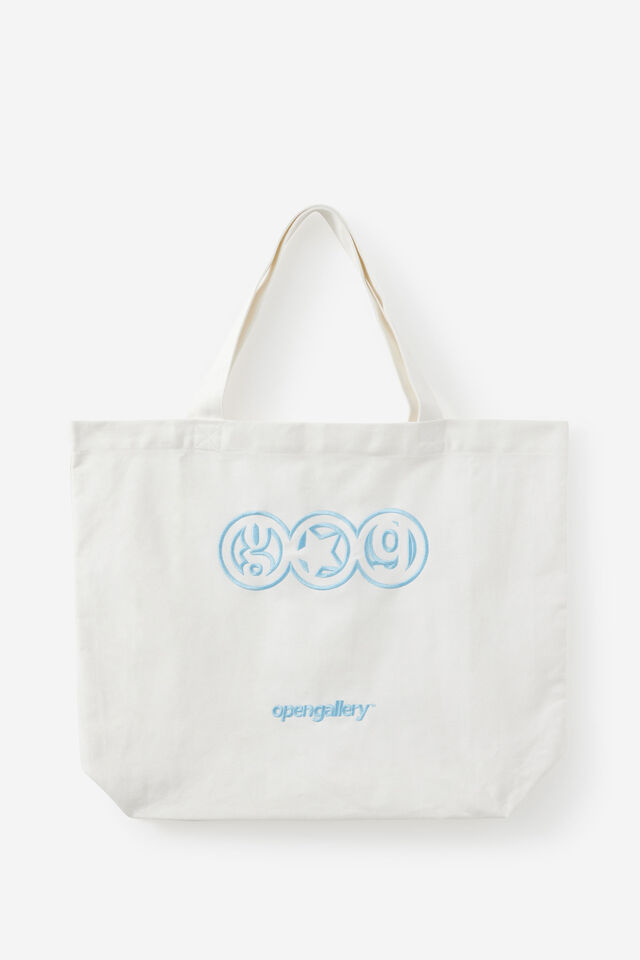 Open Gallery Large Tote Bag, OG WHITE W BLUE LOGO